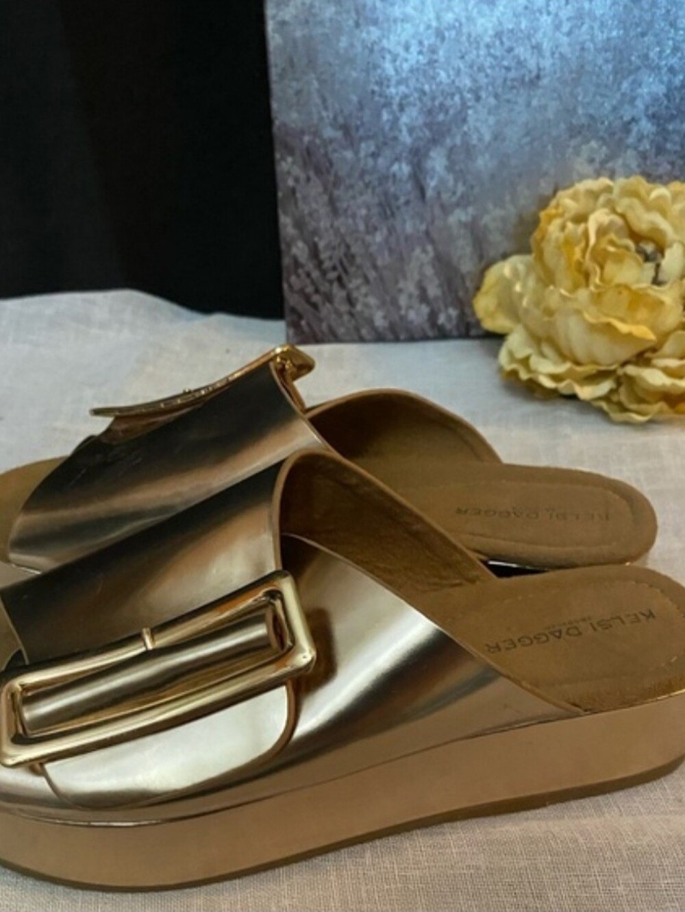 Kelsi Dagger Metallic Gold Slide Sandals with Buckle - Picture 3 of 8